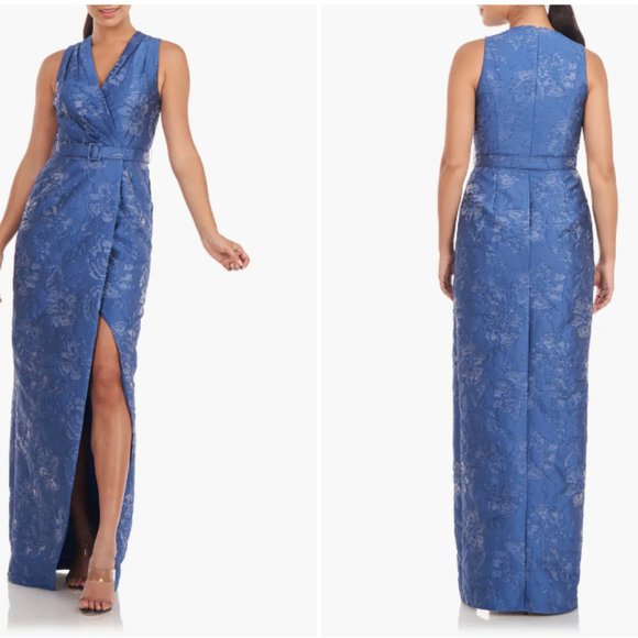 KAY UNGER EDIE FLORAL BELTED COLUMN SURF BLUE GOWN sz 4 - Picture 4 of 4